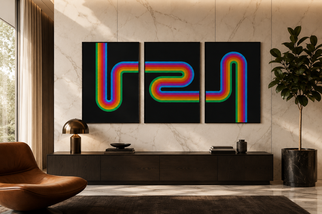 Retro Rainbow Print Set mockup in a furnished room