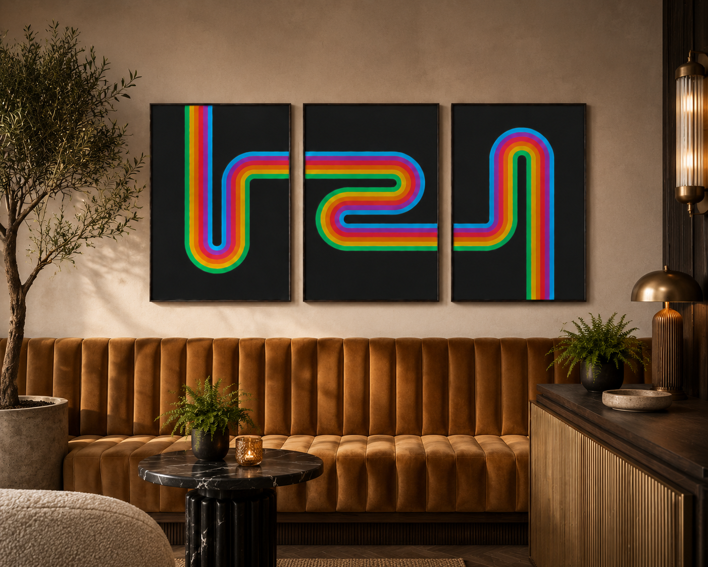 Retro Rainbow geometric triptych displayed in a styled room