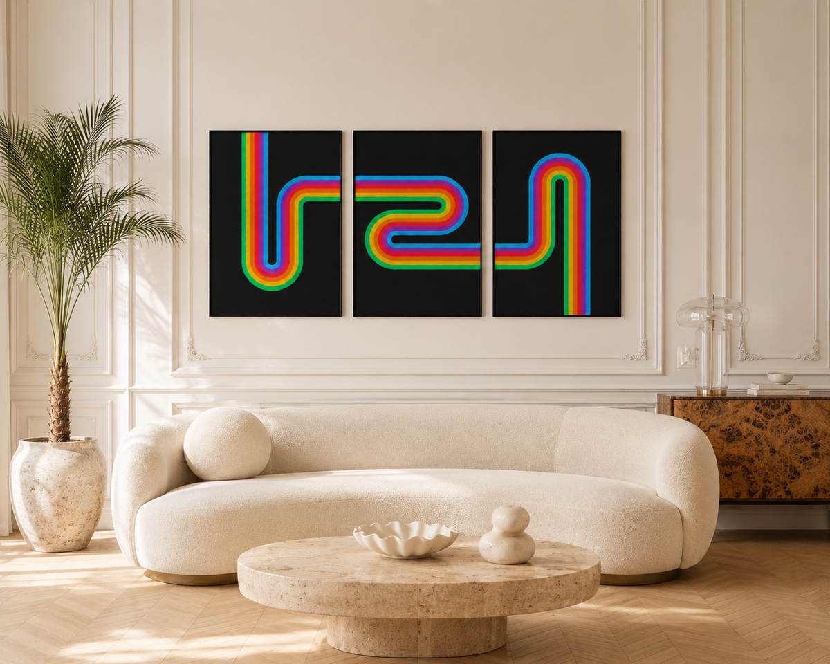 Retro Rainbow Print Set (Digital Download) triptych framed on a gallery wall