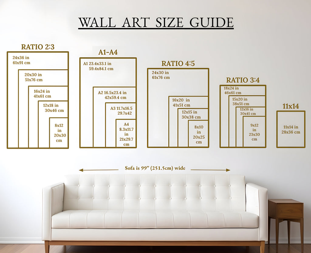 Wall art size guide comparing common print dimensions above a 99-inch sofa