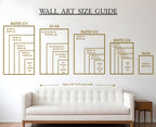 Wall art size guide comparing common print dimensions above a 99-inch sofa