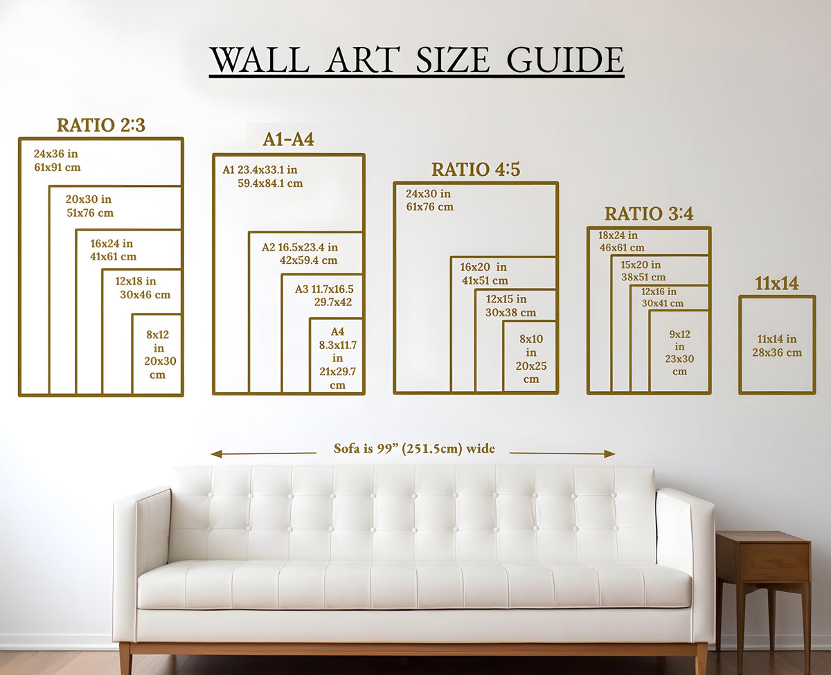 Wall art size guide comparing common print dimensions above a 99-inch sofa